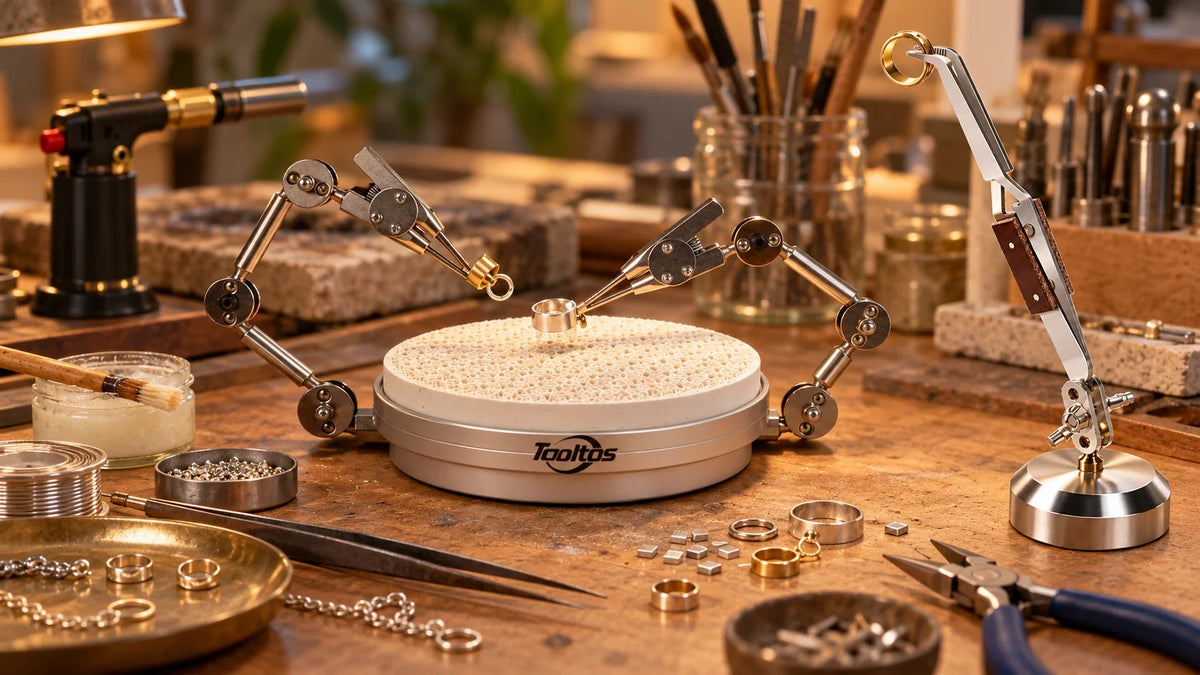 ```text Jewelry soldering workbench with a ceramic soldering surface, adjustable third hand tools, tweezers, and small jewelry components ```