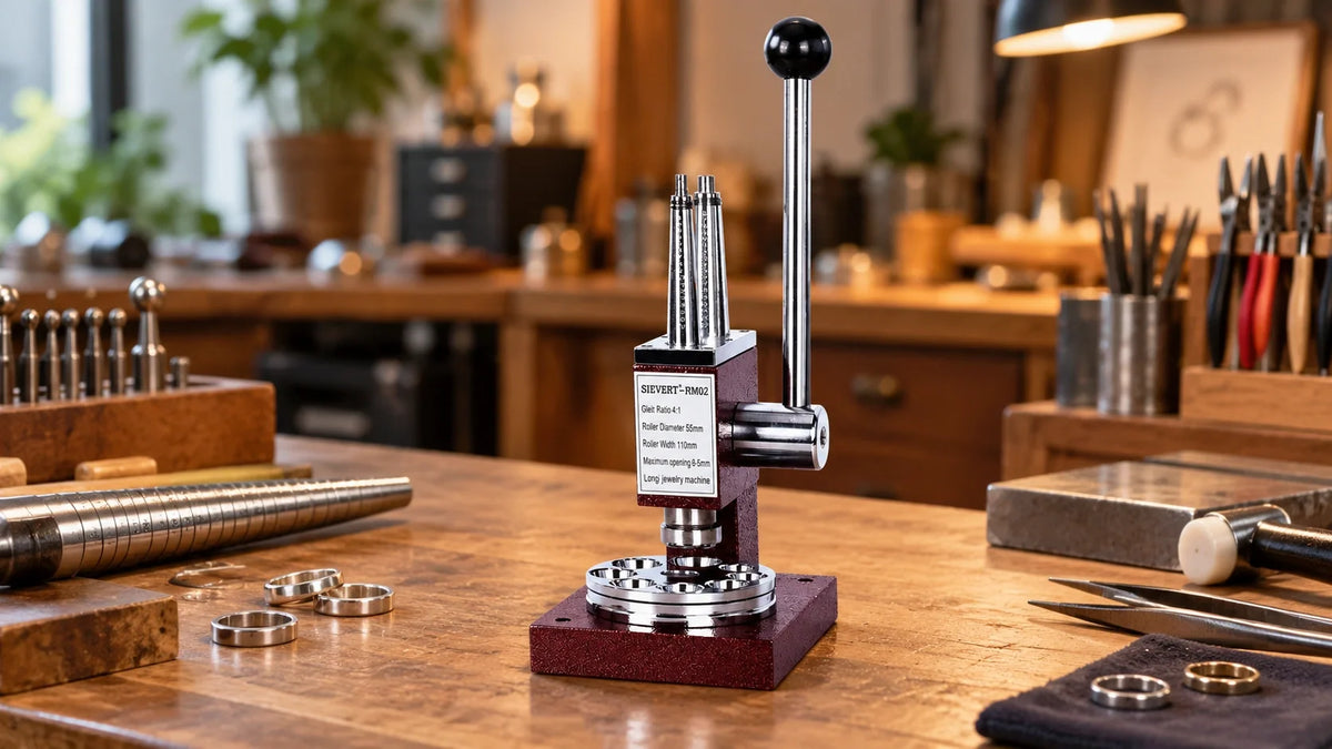 Ring stretcher and reducer on a jeweler’s workbench with rings and jewelry repair tools