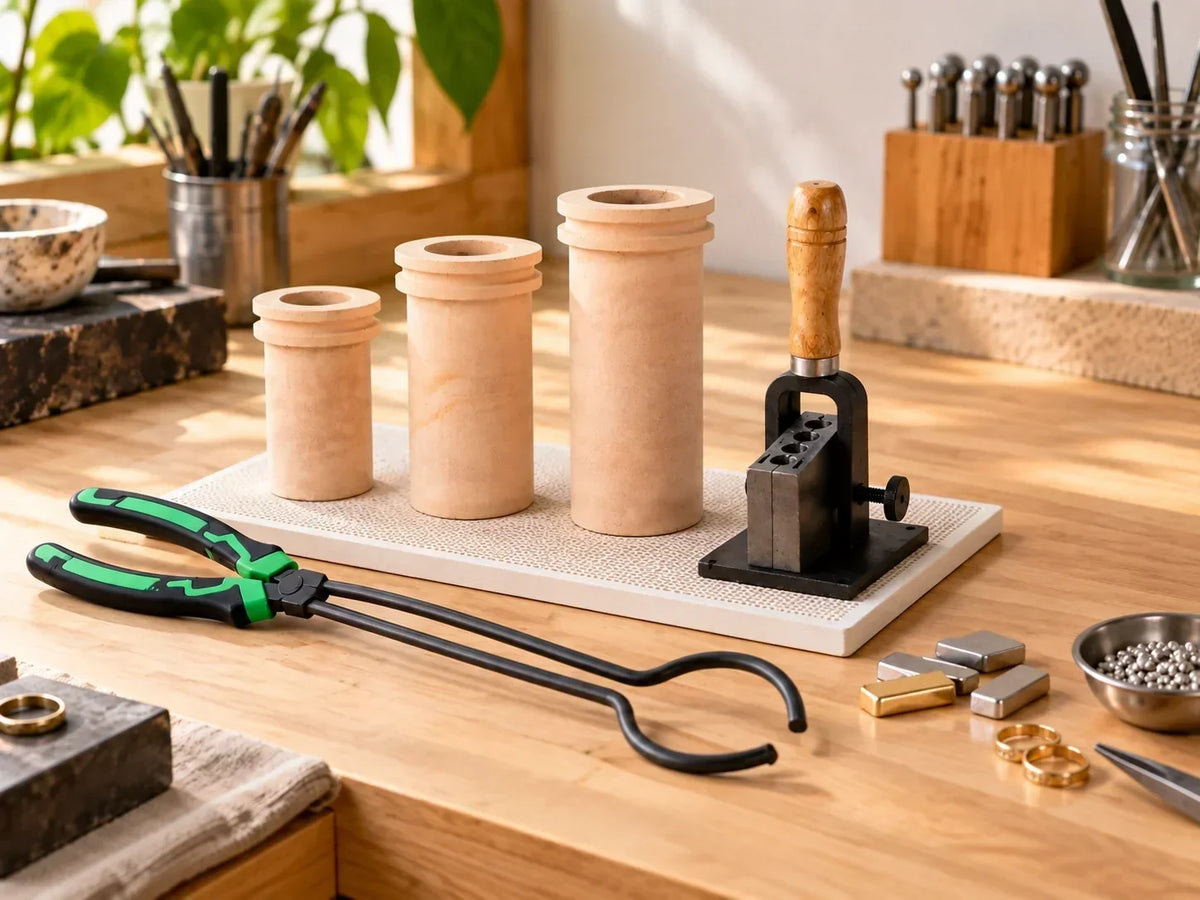 Small jewelry melting workstation with ceramic crucibles, crucible tongs, soldering tools, and metalworking accessories
