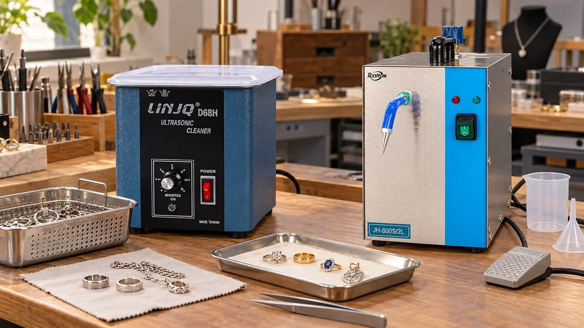 Tooltos D68H jewelry ultrasonic cleaner and 2L steam cleaner side by side on a workshop bench with jewelry parts ready for cleaning