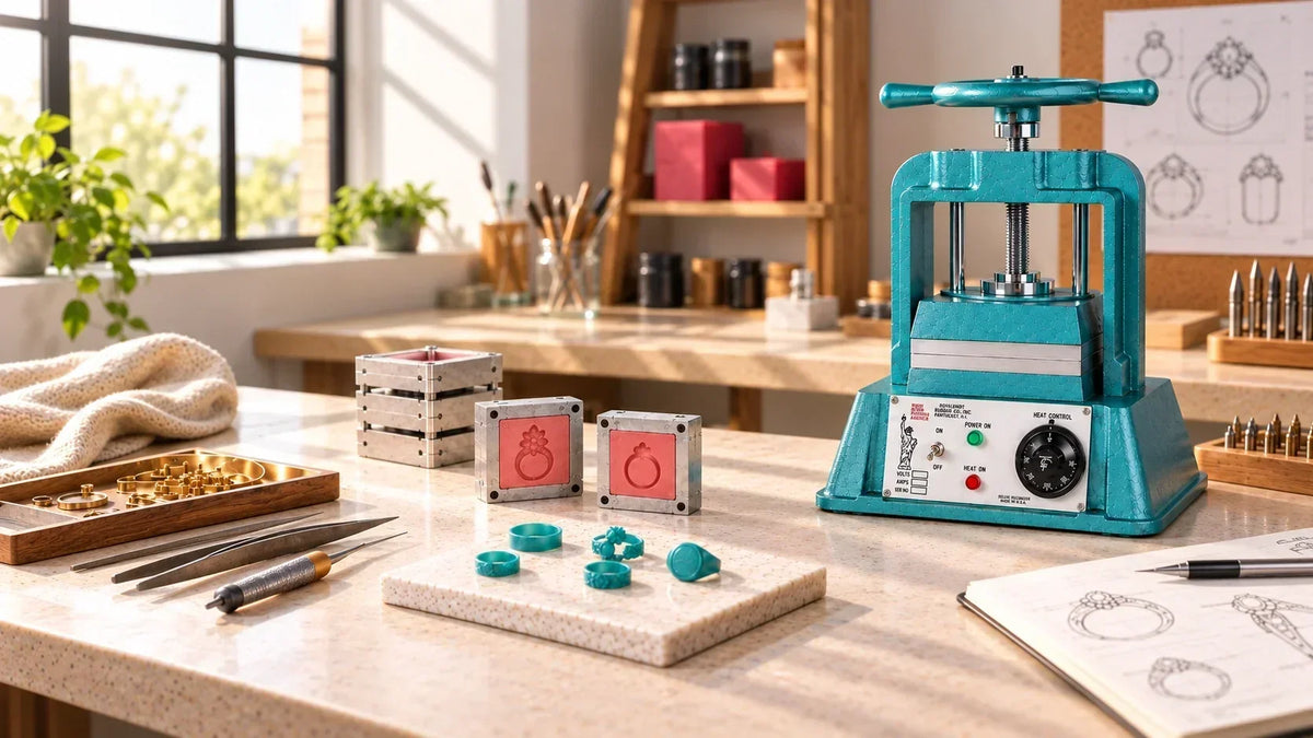Turquoise jewelry vulcanizing press on a workbench with rubber mold materials and jewelry-making tools.