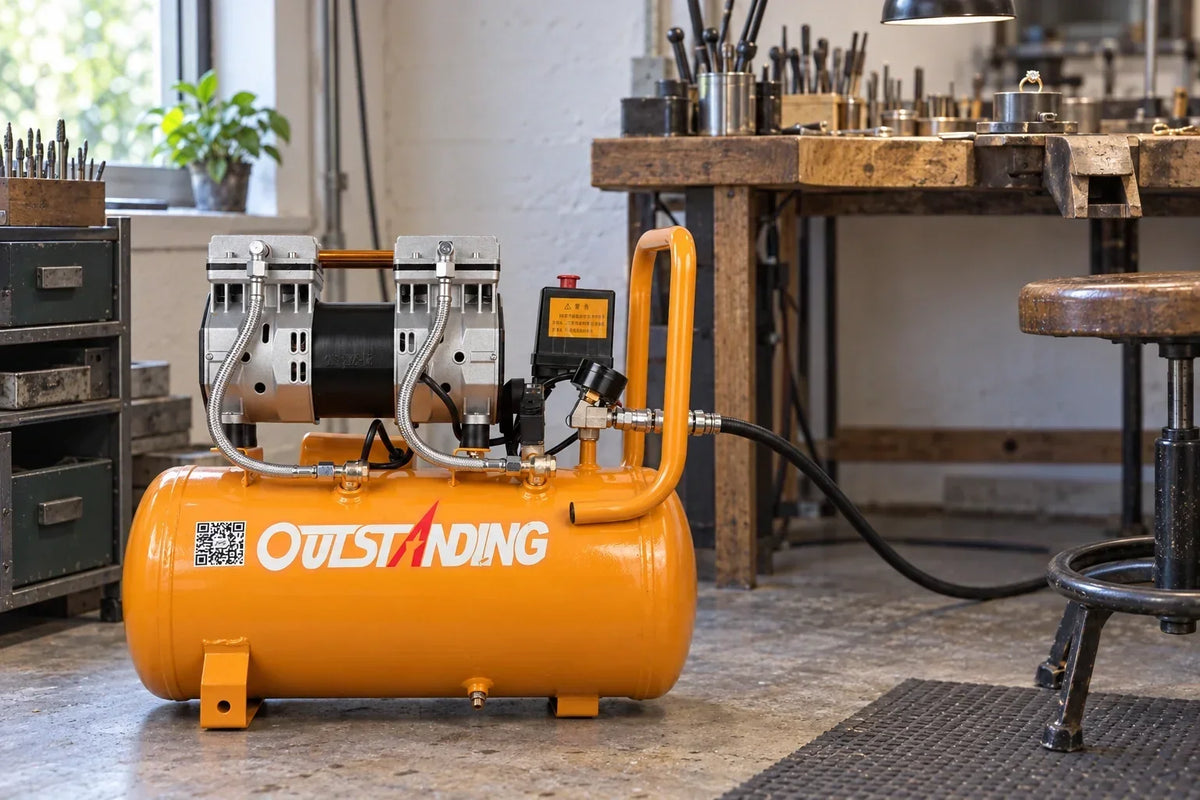 Orange oil free silent air compressor with a 30L tank placed on the floor of a jewelry workshop next to a workbench