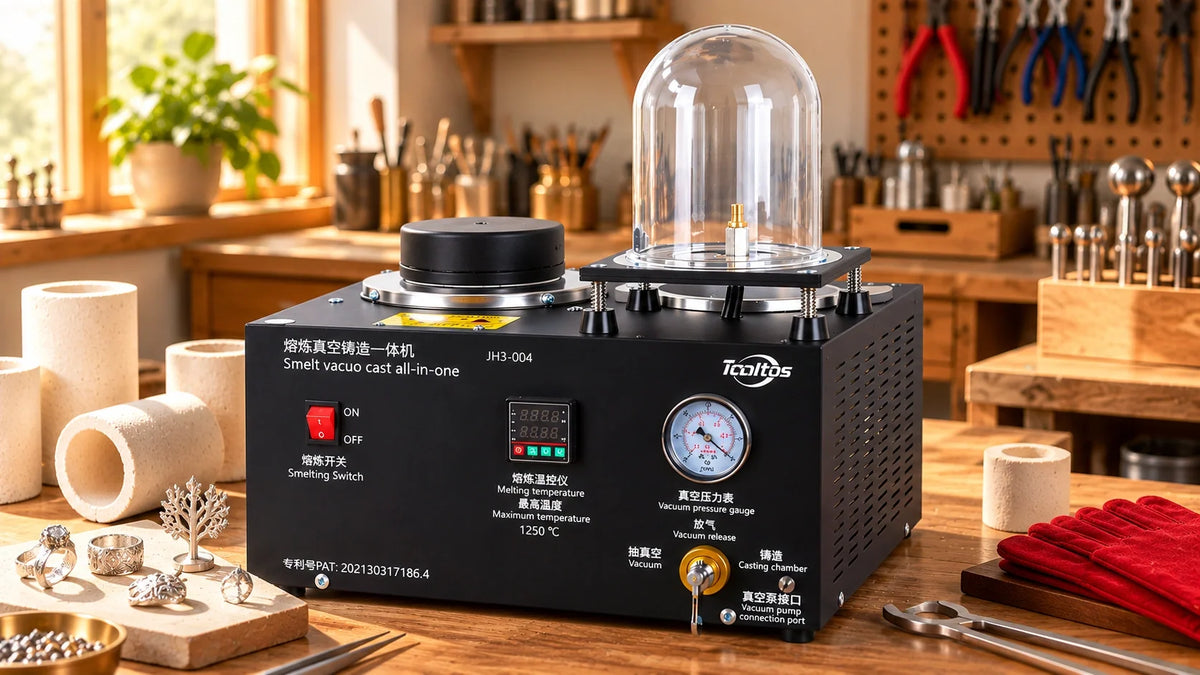 Tooltos jewelry vacuum casting and melting machine with a transparent vacuum hood and pressure gauge on a jeweler’s workbench