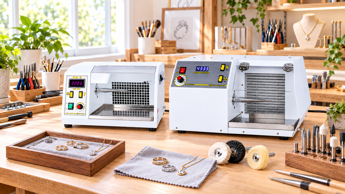 Two jewelry polishing machines on a studio workbench, with polishing wheels and tools in front