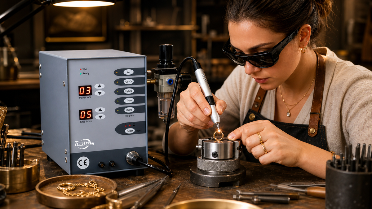 Professional jeweler using Tooltos pulse arc spot welder for gold ring repair in jewelry studio