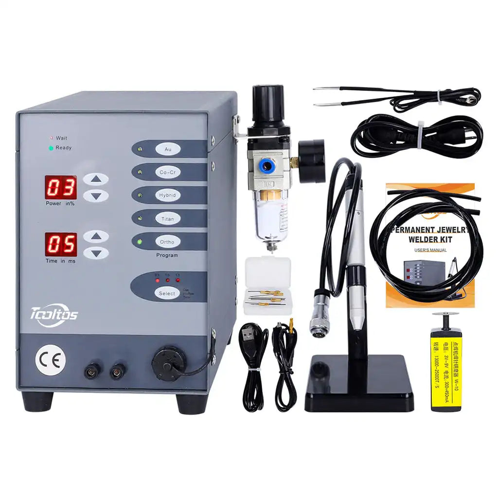 Professional jewelry spot welder with argon gas protection system showing clean weld results on silver chain for permanent jewelry making and repair