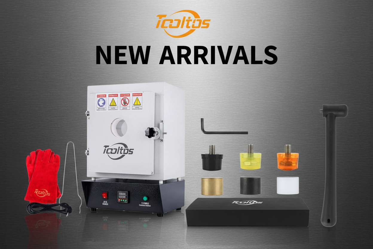 New Arrivals Professional Jewelry Tools - Tooltos Burnout Furnace 1150°C and Multi-Head Hammer with Metallic Workshop Background