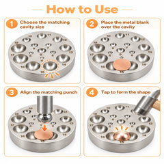 Dapping die instructions: select a cavity, place the metal blank, align a matching punch, and tap to form a dome.