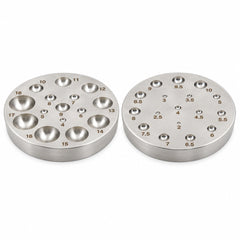Two sides of the Tooltos round jewelry dapping die, showing different numbered cavity sizes on each face.