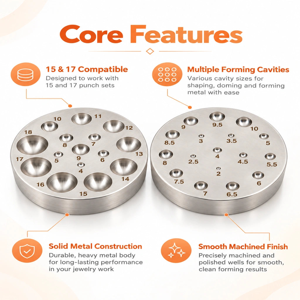 Double-sided round dapping die with assorted forming cavities for matching punches from 15 and 17 piece sets.