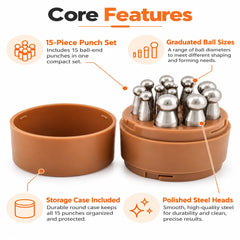 15 piece dapping punch set with assorted ball sizes, polished steel heads, and a round storage case.