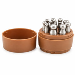 Tooltos 15 piece steel dapping punch set in an open brown round storage case.