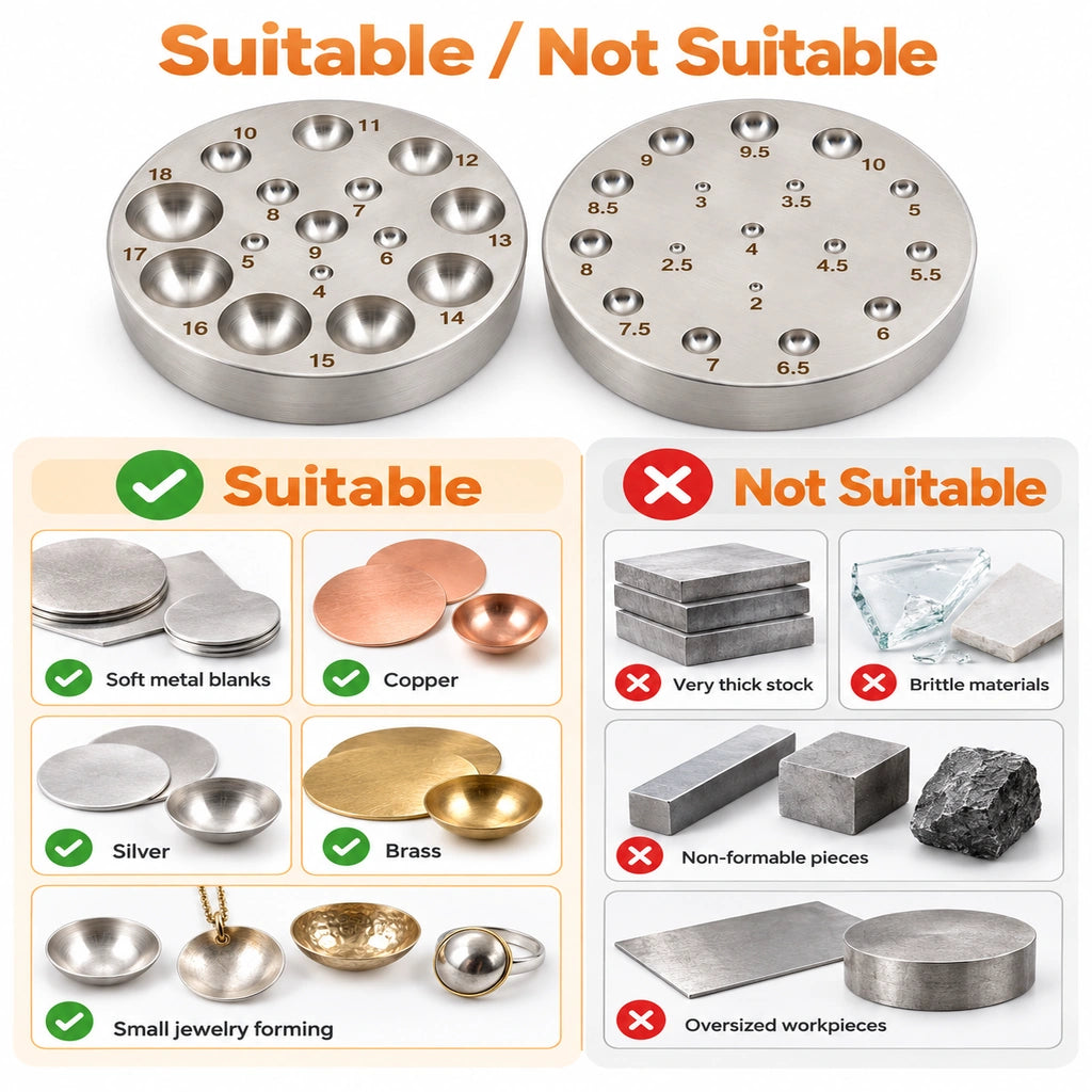 Dapping die material guide: suitable for soft copper, silver, and brass blanks, not thick, brittle, or oversized pieces.