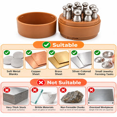15 piece dapping punch material guide: suitable for soft metal blanks, not thick stock, brittle materials, or oversized pieces.