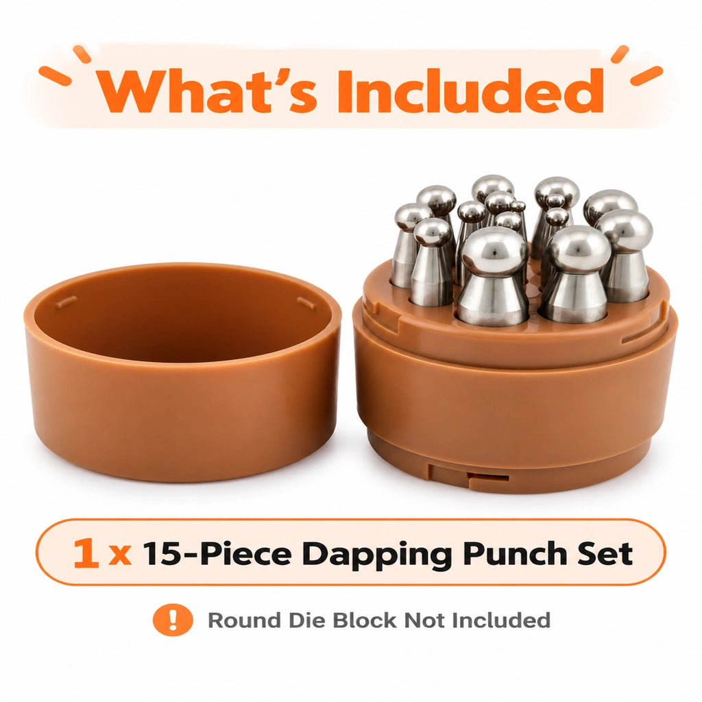 Package contents showing 15 dapping punches and a brown storage case, with the round die block not included.