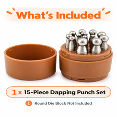 Package contents showing 15 dapping punches and a brown storage case, with the round die block not included.