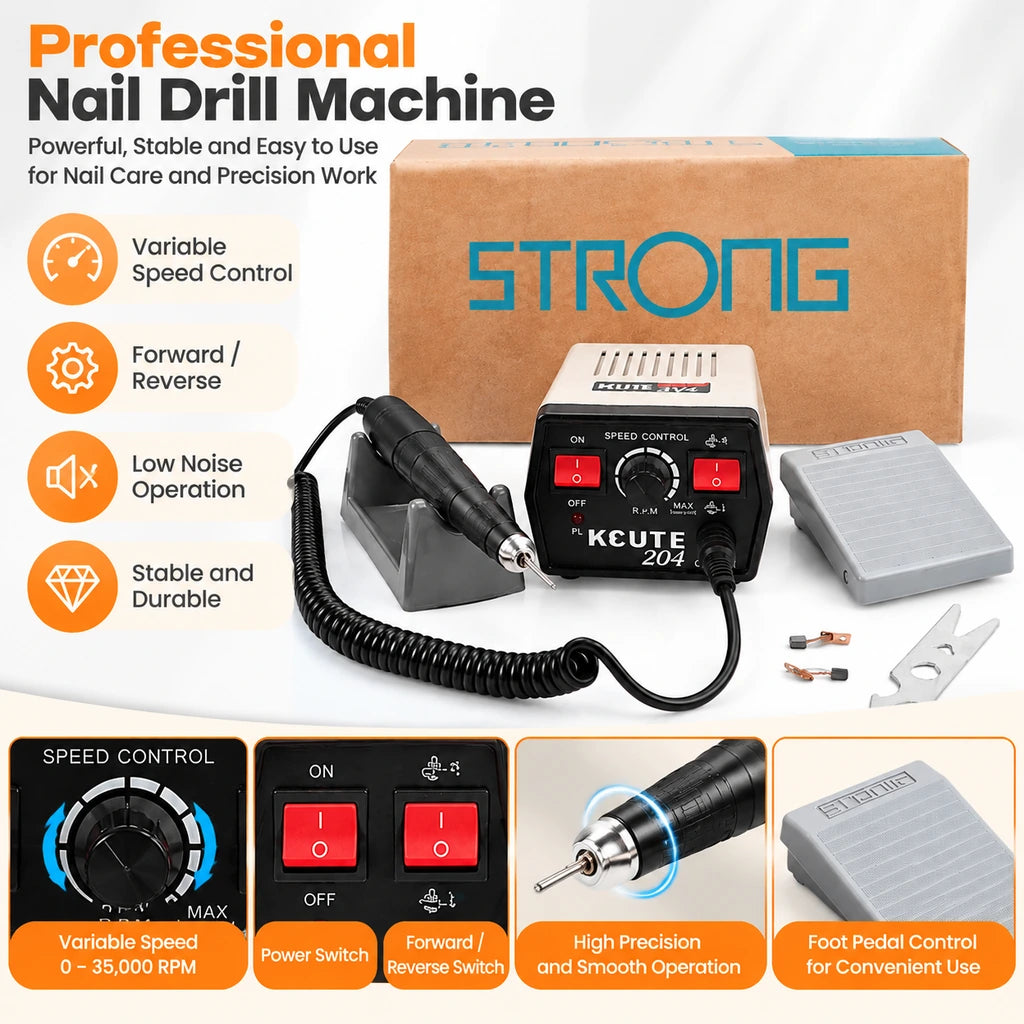 Electric micromotor kit with close-ups of the speed dial, power and direction switches, rotary handpiece and foot pedal