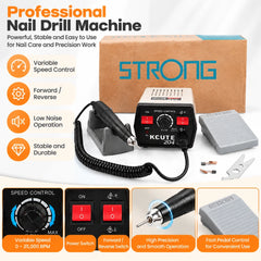 Electric micromotor kit with close-ups of the speed dial, power and direction switches, rotary handpiece and foot pedal