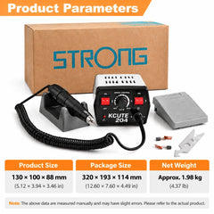 Electric micromotor kit with labeled product dimensions, package dimensions and approximate net weight