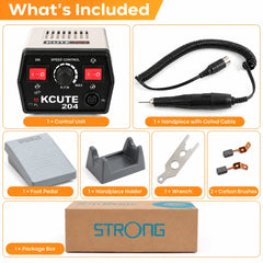 Micromotor kit contents showing control unit, handpiece with coiled cable, foot pedal, holder, wrench, two carbon brushes and box