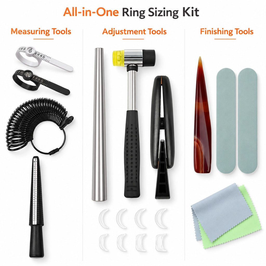 Ring sizing tool kit components including mandrels, ring sizer, measuring tape, mallet, clamp, and polishing tools
