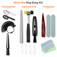 Ring sizing tool kit components including mandrels, ring sizer, measuring tape, mallet, clamp, and polishing tools