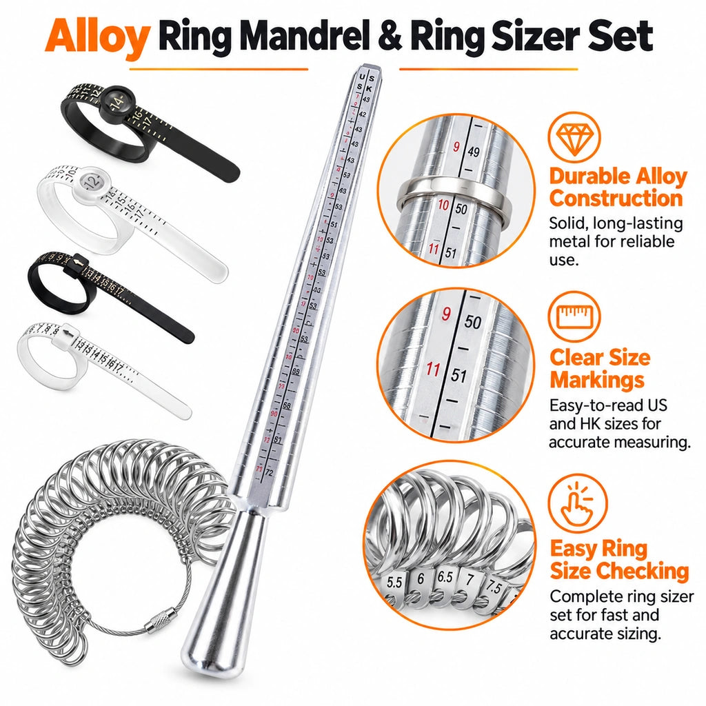 alloy ring mandrel and alloy ring sizer set with black and white finger measuring tools