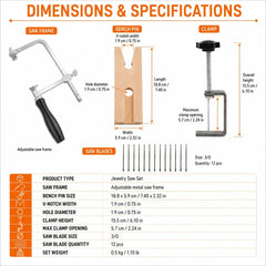 Dimensions and technical specifications of Tooltos jewelry saw kit with bench pin and clamp