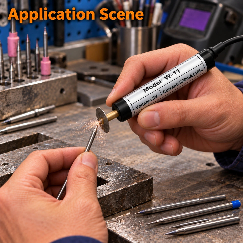Hands using a black welding needle grinder to sharpen a needle tip at a jewelry workbench