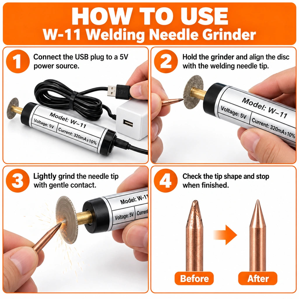 Four-step guide to using the black USB welding needle grinder with a before and after tip illustration