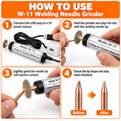 Four-step guide to using the black USB welding needle grinder with a before and after tip illustration