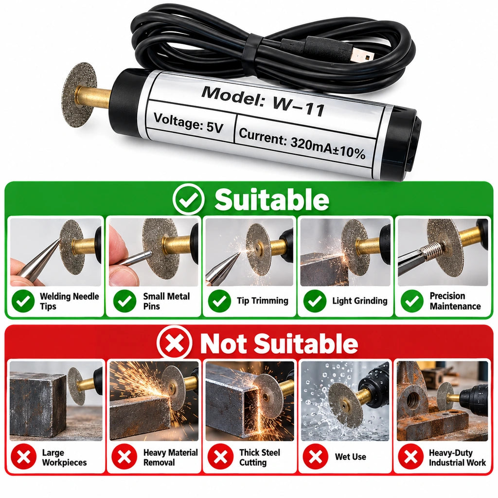 Welding needle grinder application chart comparing light tip grinding with unsuitable heavy grinding, steel cutting and wet use
