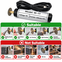 Welding needle grinder application chart comparing light tip grinding with unsuitable heavy grinding, steel cutting and wet use