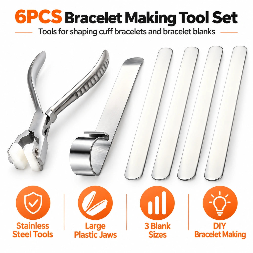 six piece bracelet making tool set with stainless steel tools large plastic jaws and bracelet blanks in three sizes