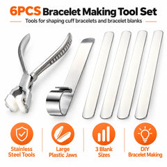 six piece bracelet making tool set with stainless steel tools large plastic jaws and bracelet blanks in three sizes
