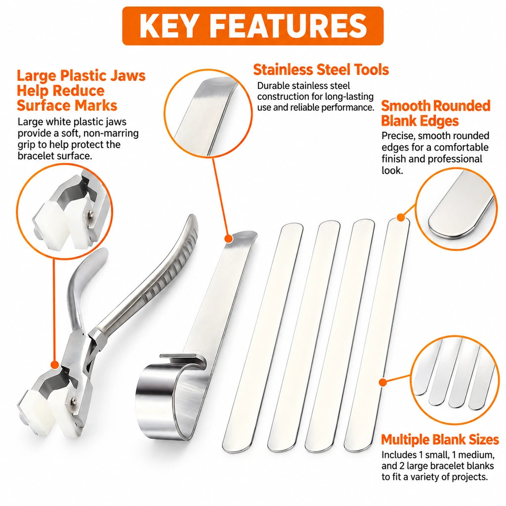 cuff bracelet forming set showing plastic jaw pliers stainless steel bending tool rounded blank edges and three blank sizes