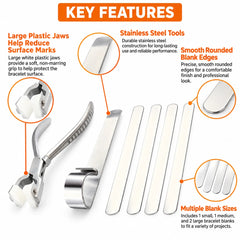 cuff bracelet forming set showing plastic jaw pliers stainless steel bending tool rounded blank edges and three blank sizes