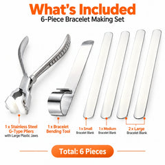 six piece bracelet forming kit showing G type pliers bracelet bending tool and small medium and large bracelet blanks
