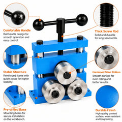 Grooved roller bracelet bending machine showing the T handle, adjustment screw, guide posts and mounting holes