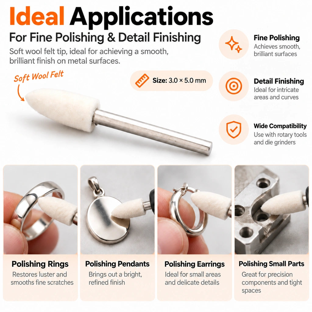 Jewelry and metal polishing applications for a bullet shape wool felt polishing point