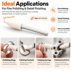 Jewelry and metal polishing applications for a bullet shape wool felt polishing point