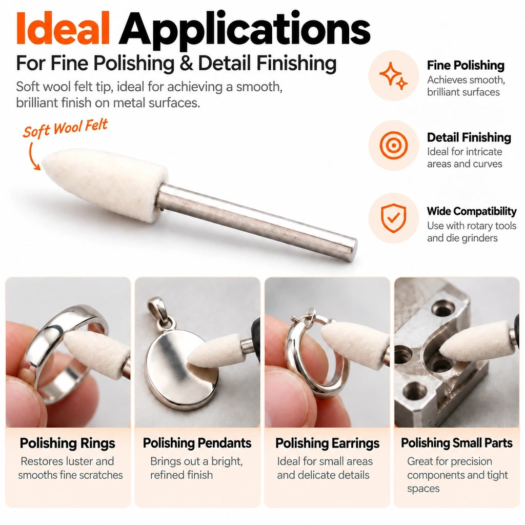 Jewelry and metal polishing applications for a bullet shape wool felt polishing point