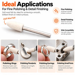 Jewelry and metal polishing applications for a bullet shape wool felt polishing point