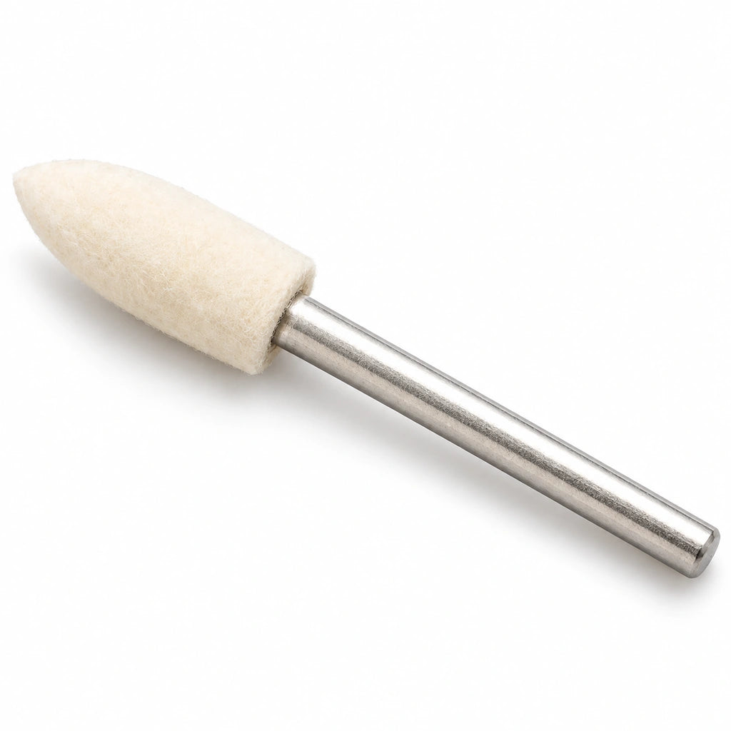 Bullet shape wool felt polishing point with metal shank on a white background