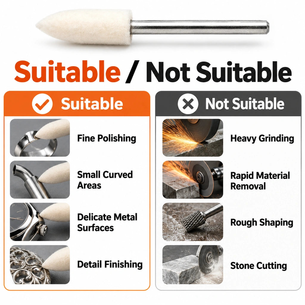 Suitable and unsuitable applications for a wool felt polishing point