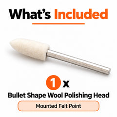 Package contents showing one mounted bullet shape wool felt polishing head