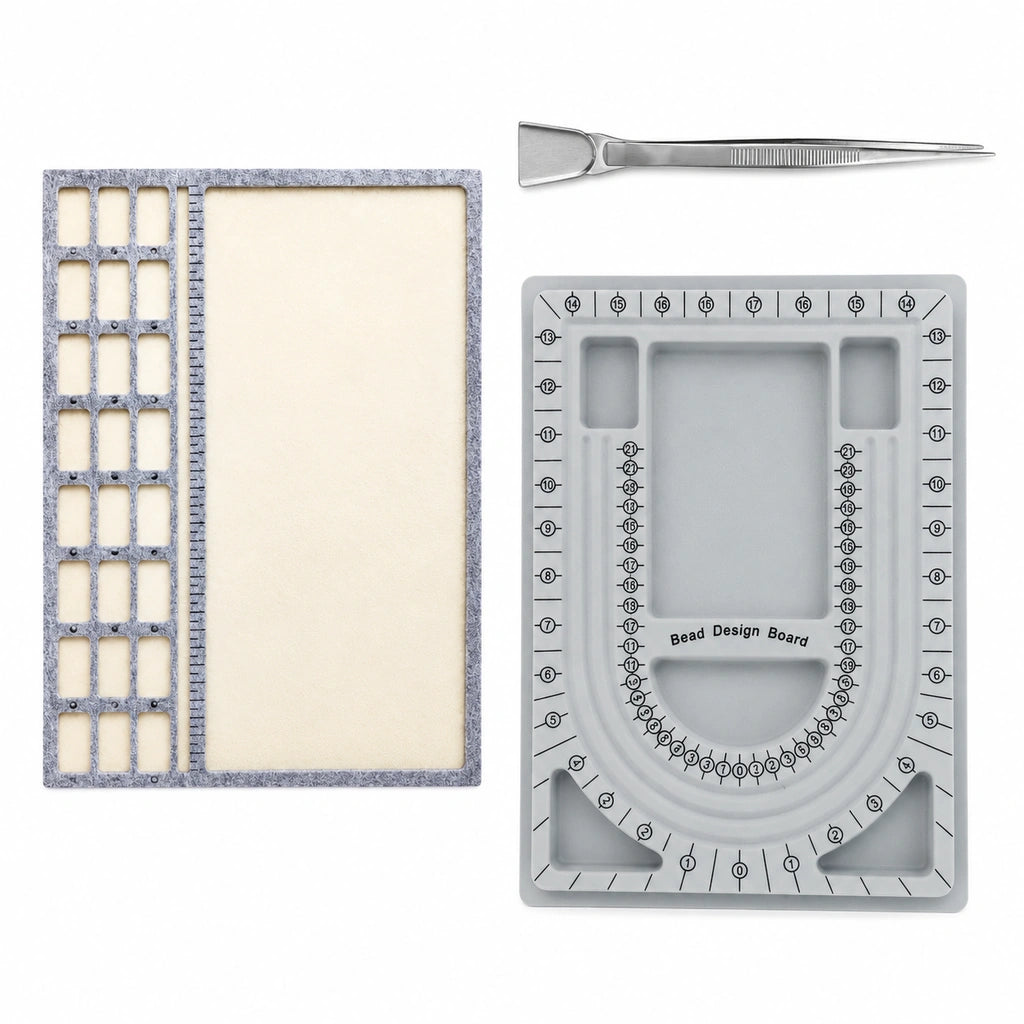 Bead design board with numbered planning grooves next to a large beading mat with storage compartments, plus a stainless steel scoop tweezer