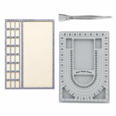 Bead design board with numbered planning grooves next to a large beading mat with storage compartments, plus a stainless steel scoop tweezer