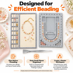 Bead design board set with mat and tweezer shown organizing beads and a finished bracelet for planning jewelry layouts