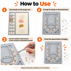 Four steps for using the bead design board set: sort beads on the mat, arrange the design on the board, place beads with the tweezer, and check the layout before stringing